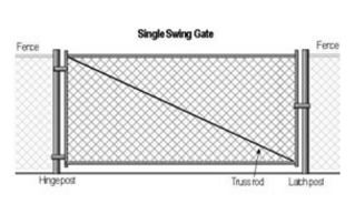 Fence gate with hinge post, lath post and trust rod